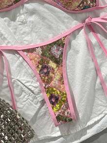 Costavie Swim SXY 兩件式比基尼套裝，春夏海灘度假，亮片紋理面料，掛脖平口上衣與側綁丁字褲下裝，性感比基尼套裝 - 彩色 - 查看 5