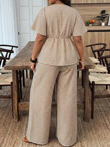 Weeklong Women's Plus Size Spring/Summer Casual Vacation Striped Front Tie Short Sleeve Shirt And Pants 2-Piece Set - Multicolor - View 2