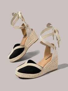Styleloop Sandalias de cuña con correa y punta cerrada en contraste de color blanco y negro, estilo casual versátil y sencillo, un imprescindible para ir al trabajo - Negro - Ver 6