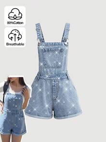 SHEIN 青少年女孩時尚休閒 Y2k 復古酷感亮片淺藍色牛仔寬鬆露背短褲 - 藍色 - 查看 1