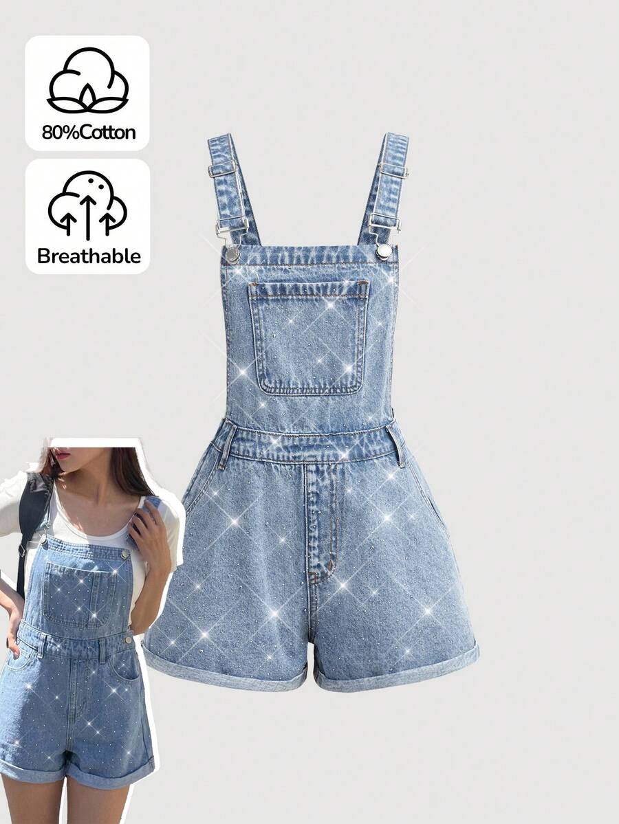 SHEIN 青少年女孩時尚休閒 Y2k 復古酷感亮片淺藍色牛仔寬鬆露背短褲 - 藍色 - 查看 1