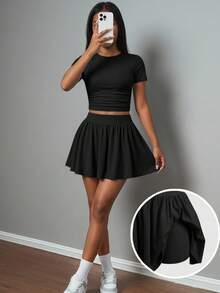 SHEIN Girlism 青少年女孩夏季新款藍色純色短袖T恤與防走光裙套裝 - 黑色 - 查看 3