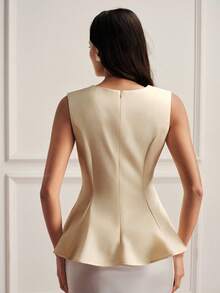 BELROSIE Top elegante francés para mujer de noche de cita, diseño de lujo de alta gama, amarillo pálido, cuello redondo, exquisita decoración de perlas pesadas, cintura ceñida y acampanado - Albaricoque - Ver 7