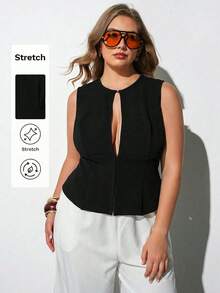 Maija Plus Size Women's Summer Elegant Solid Color Hollow Out Sleeveless Top Wedding Black - Black - View 2