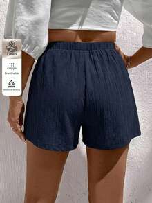 SHEIN LUNE Pantalones cortos de mujer de verano versátiles de color azul marino texturizado - Neblina azul - Ver 2