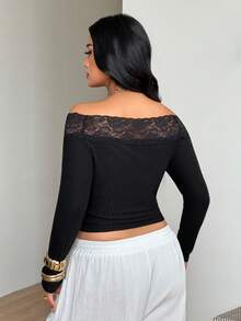 Coolane Atasan Wanita Ukuran Besar untuk Musim Gugur dan Musim Dingin, Elegan, Pakaian Sehari-hari, Kasual, Hitam, Elastis, Nyaman, dengan Patchwork Renda, Bahu Terbuka, Cocok untuk Halloween. - Hitam - View 5