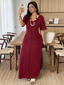 Weeklong Plus Size Women V-Neck Striped Dual Pocket Ruched Slit Hem Casual Knit Dress, Spring/Summer - Burgundy - View 5