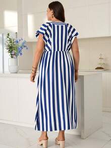 Rosumi Gaun Karaoke Kasual Musim Panas Wanita Ukuran Besar Motif Garis-garis Biru & Putih - Blue and White - View 6