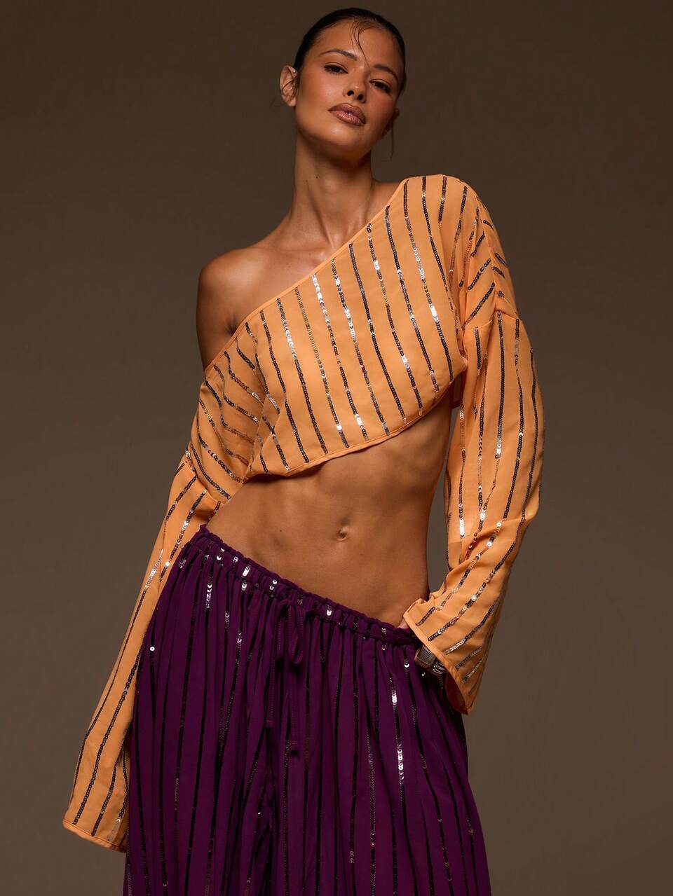 Orange And Silver Off Shoulder Cinched Sparkly Crop Top