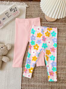Dikirim 4 Paket Acak, 3 Paket Tersedia. Seri Warna Serbaguna, Seri Bunga & Garis-garis Manis, Legging Elastis Kasual Nyaman dan Lucu untuk Bayi Perempuan. - MultiWarna - View 6