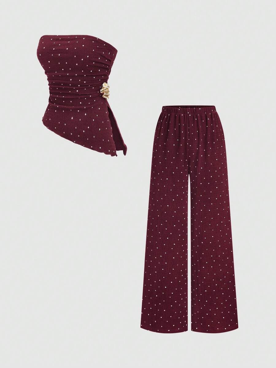 Sweetra Spring/Summer Fashion New Vintage Strapless Ruched Metal Buckle Waist-Cinching Slimming Asymmetrical Hem Top & Minimalist Wide Leg Long Pants Elegant Women's Brown Polka Dot 2-Piece Set - Burgundy - View 1