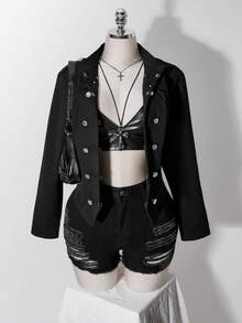 SHEIN ICON Women's Plus Size Distressed Washed Double-Breasted Jacket Fall - Black - View 5