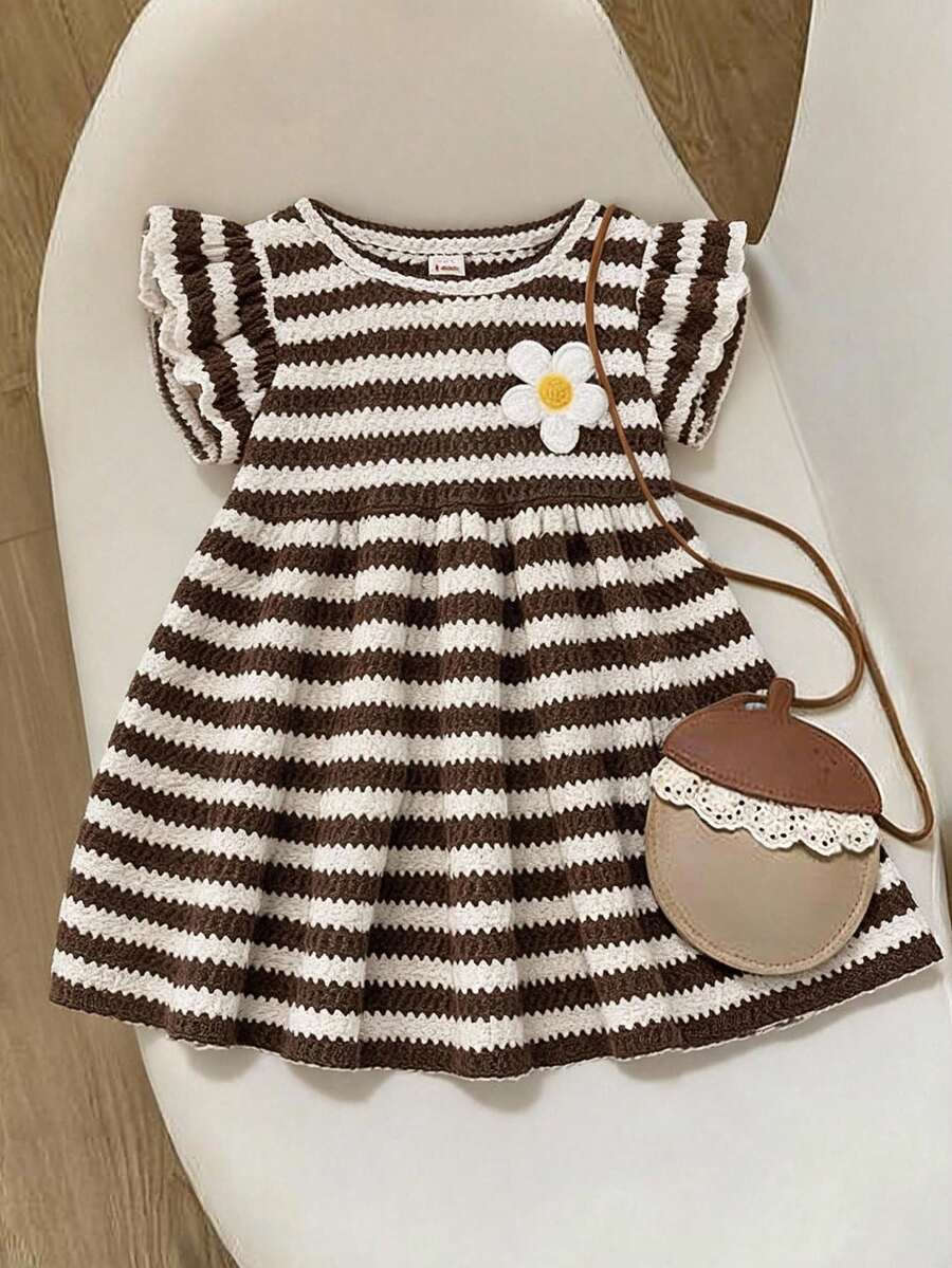 Cozy Pixies Gaun Bayi Perempuan Kasual Sehari-hari yang Lucu dengan Lengan Bergelombang, Leher Bulat, Motif Garis-garis Patchwork, Potongan A-Line dengan Hiasan Bunga dan Label Tenun - Coklat - View 1