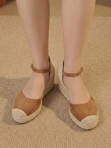 Styleloop Solid Color Gentle And Versatile Buckle Wedge Sandals - Coffee - View 9