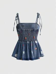 Sweetness Women's Cute Cottagecore Pastoral Strawberry Floral Embroidered Doll Style Denim Top - Blue - View 2