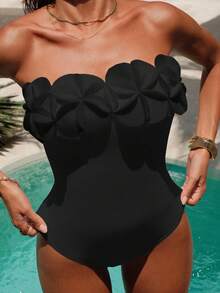 Swim Chiccia Swim Chicsea 女款純色平口 3D 花卉連身泳衣，適合夏季海灘度假 - 黑色 - 查看 3