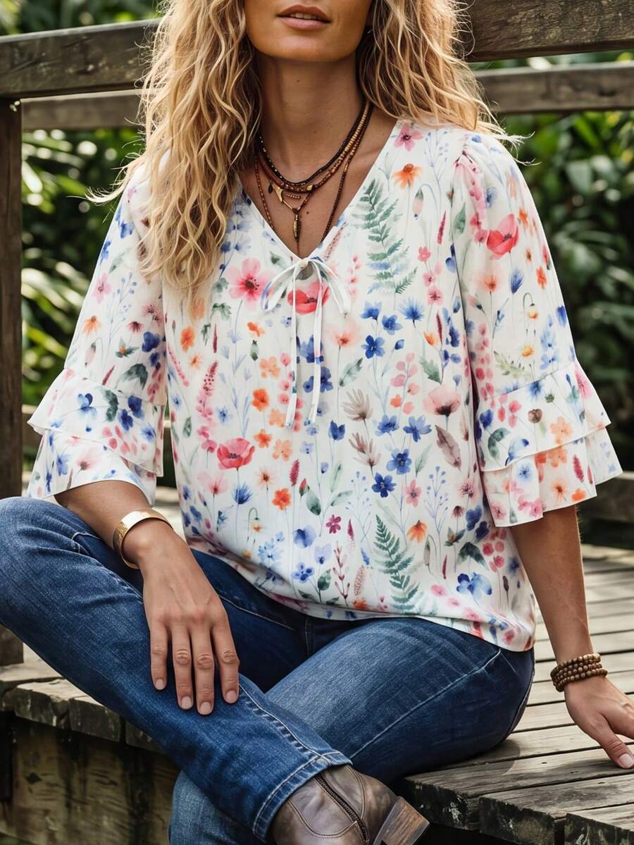 Linhara CURVE Plus Size Women's Floral Bow V-Neck Ruffle Loose Short Sleeve Blouse, Spring/Summer Fashion Versatile White Boho Business Casual Vacation - Multicolor - View 1