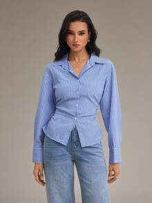 SHEIN Tall Women's Blue And White Striped Long Sleeve Shirt, Back Ruched Shirt, Daily Commute Shirt, Vacation Shirt, Waist-Cinching Striped Shirt, Spring Summer Autumn Winter Clothing Commute, Elegant, Vacation, Bohemian, Workwear - Blue and White - View 4