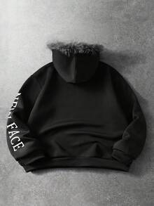 ROMWE MEN Goth 男士抽象肖像與十字星印花毛絨帽，寬鬆衛衣 - 黑色 - 查看 2