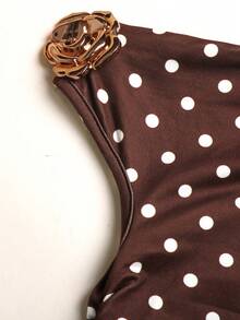 Tween Girl Elegant Commuter Fitted Sleeveless Asymmetric Neck Metal Buckle Flower Decor Pleated Midi Dress Brown And White Polka Dot Tea Party - Brown - View 6