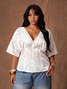 Rustia Plus Size V-Neck Ruffle Sleeve Short Sleeve Ruched Jacquard Cinched Waist A-Line Semi-Sheer Celestial Brunch Formal Blouse All White Summer - White - View 5