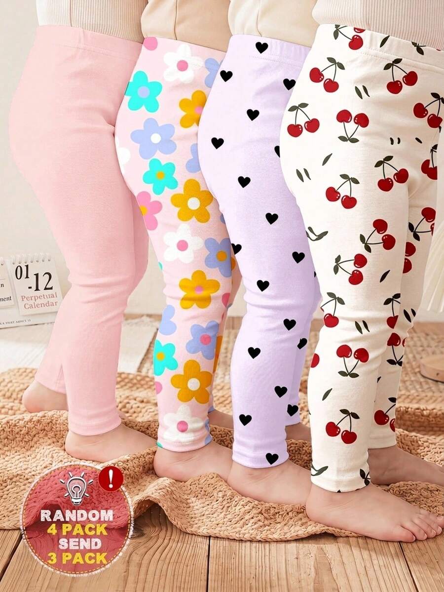 Dikirim 4 Paket Acak, 3 Paket Tersedia. Seri Warna Serbaguna, Seri Bunga & Garis-garis Manis, Legging Elastis Kasual Nyaman dan Lucu untuk Bayi Perempuan. - MultiWarna - View 1