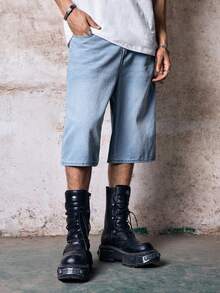 Skyrend 男士直筒刺繡牛仔短褲哥德龐克街頭風適合Emo男孩Grunge風格 - 淺色水洗藍 - 查看 5