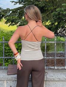Jeta Ari Women Brown Stripe Spaghetti Strap Beaded Tank Top,Summer Boho Retro Cami,Knit Texture Metal Buckle Sleeveless Camisole For Holiday Vacation Casual - Khaki - View 2