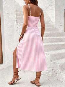 SHEIN Frenchy Women's Vacation Striped Versatile Tie-Up Slit Cami Dress - Pink - View 2