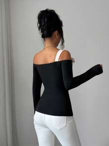 Selianne Camiseta de mujer nueva primavera/otoño con hombros descubiertos, manga larga, de punto, cintura elástica, ajuste ceñido, con lazo de color contrastante, diseño francés elegante y exquisito - Negro - Ver 2