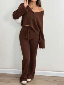 SHEIN EZwear 2件組女款休閒純色寬肩帶開襟衫與抽繩腰喇叭褲套裝，秋冬穿搭 - 咖啡棕 - 查看 4
