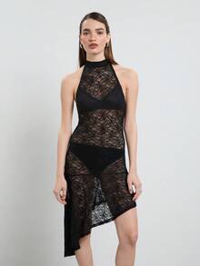 COUREZ Halter Lace Asymmetric Midi Layering Dress / Y2K Womens Dress Rave Layering Dress Womens Autumn Dress Autumn Clothes Black Lace Fall Outfits Flowy - Black - View 6