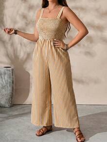 EMERY ROSE Mono casual de vacaciones con cuello cuadrado y rayas para mujer - Café integral - Ver 3