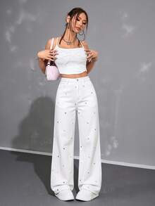SHEIN ICON 女款休閒百搭日常牛仔褲，附口袋、鈕扣與花卉刺繡圖案 - 白色 - 查看 5