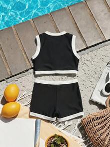 DAZY Sleeveless Colorblock Cute Two-Piece Swimwear Set For Young Girl Summer - Black - View 2