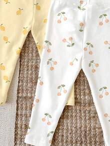 Random 4 Packs Send 3PACK Cream, Cute Cherry, Lemon, Strawberry, Vintage Floral, Embossed, Baby Girl Cute Comfortable Knitted Elastic Solid Color Elastic Waist Long Pants - Multicolor - View 11