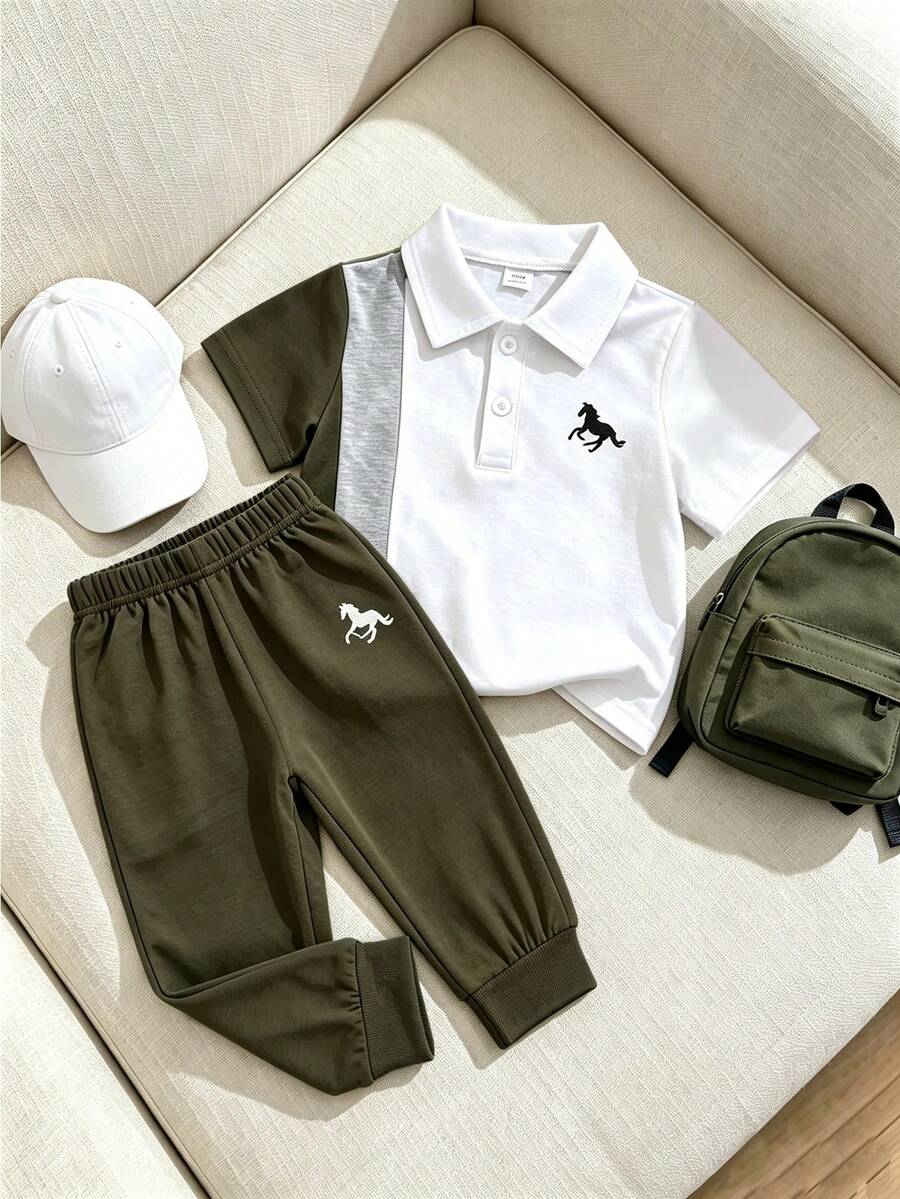 SHEIN 2 Packs Toddler Boys' Contrast Color Block Short Sleeve Polo Shirt And Pants Set, Sophisticated Outfit With Refined Printed Pattern
