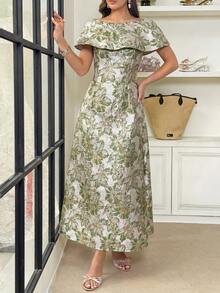 Modelyn Vestido de fiesta elegante de jacquard con cintura ceñida y largo medio para mujer - Verde Oscuro - Ver 1