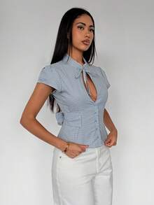 TRNVIE Women's Summer Casual Plaid Hollow Out Shirt - Blue - View 6