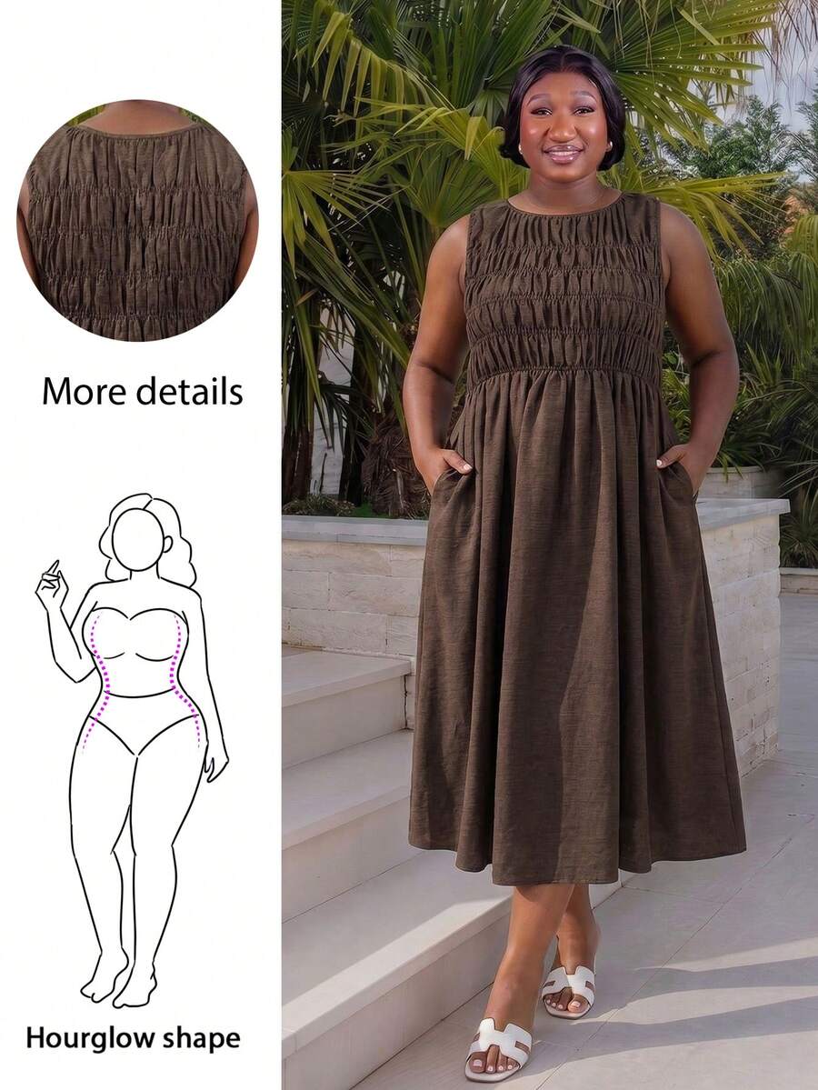 CurvyTilda 大码女装春夏时尚休闲舒适日常修身无袖棕色中长连衣裙，带口袋，夏季服装，女士度假装 - 棕色 - 查看 1