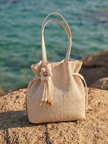 Swim Chiccia Nueva bolsa de playa de verano tejida, bolso de hombro casual para ir y venir, cierre de cordón, gran capacidad y versátil para mujeres - Beis - Ver 2