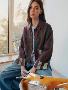 Nöista Women's Striped Cropped Jacket In Warm Pink And Rust Tones With Contrast Patch Pockets - Multicolor - View 3
