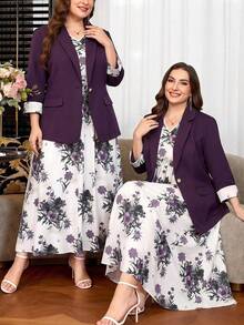 Reflora 大尺碼女裝套裝 優雅女裝套裝 秋冬女裝套裝 紫色女裝套裝 印花女裝套裝 西裝外套加洋裝女裝套裝 浪漫女裝套裝 優雅女裝套裝 - 紫色 - 查看 1