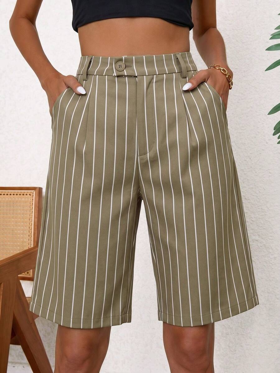 Aveloria Modichic 女款條紋口袋休閒百搭日常旅行西裝短褲 - 卡其色 - 查看 1