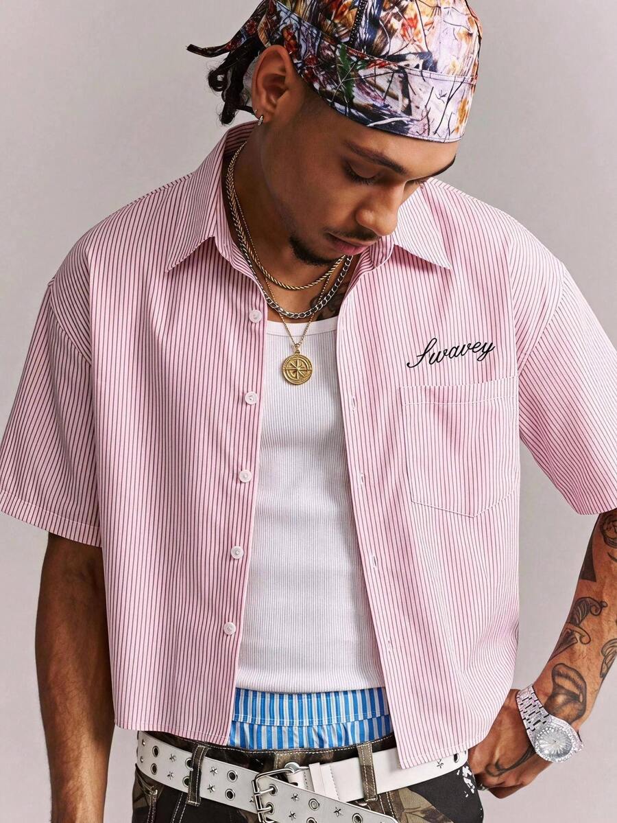 CRAVYNX Men's Casual Vacation & Commute Letter & Stripe Print Loose Fit Shirt, Summer - Red - View 1