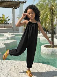 SHEIN Young Girl Casual Fashionable Spaghetti Strap Blue Jumpsuit - Black - View 3