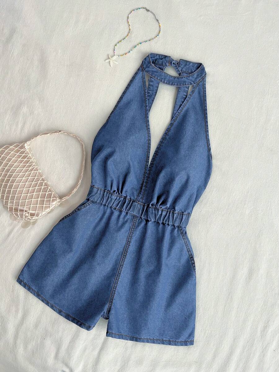 Elamini 女款百褶休閒日常牛仔掛脖背帶連身褲 - 藍色 - 查看 1