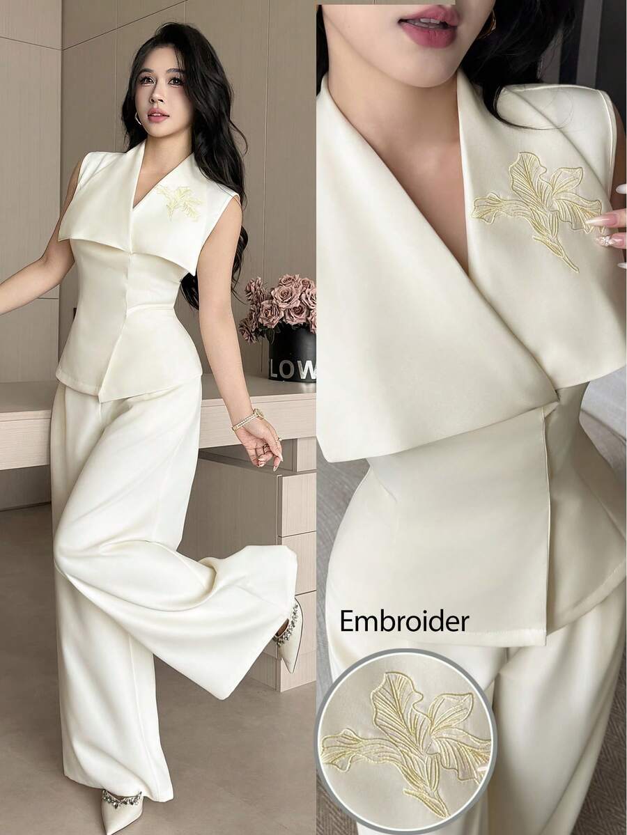 Feyla New Arrival Summer Collared Embroidered Cinched Waist Elegant Casual Business Commuting Versatile 2 Pieces Set Office Brunch Beige Pastel