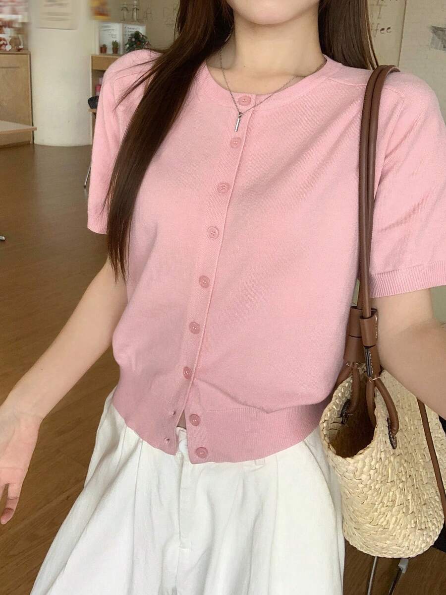 DAZY 女款素色單排扣休閒百搭日常短袖開襟衫 - 粉色 - 查看 1