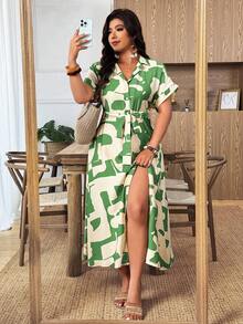 Weeklong Plus Size Women's Color Block Print Shirt Dress, Short Sleeve, Cinched Waist With Belt, Long Length, Spring/Summer, Mature Elegant, Versatile - Green - View 7